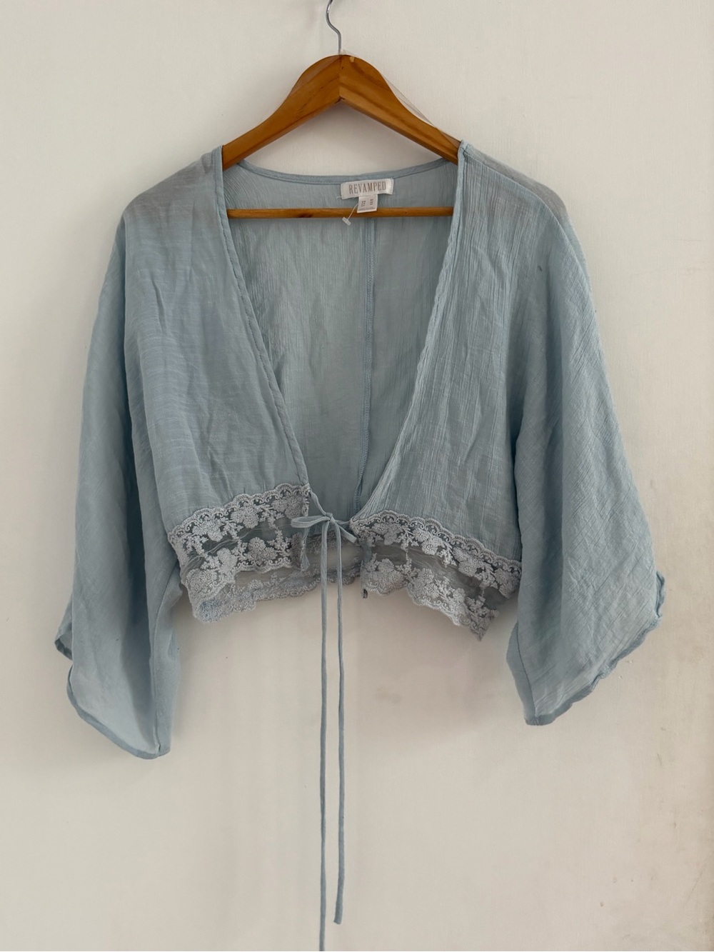 Revamped Light Blue Cropped Lace-Trim Tie Front Blouse